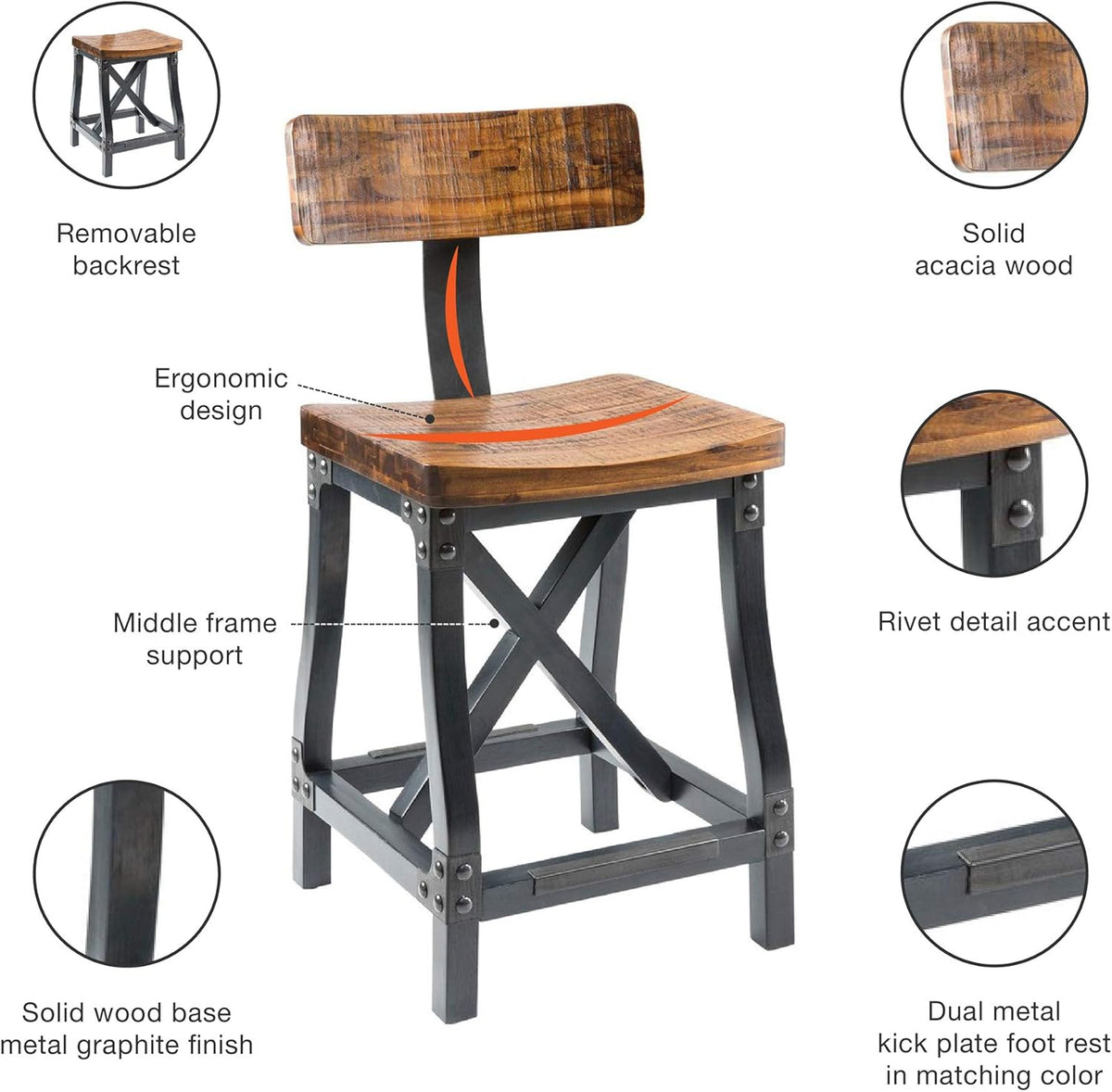 Amber Solid Wood Counter Stool with Removable Backrest G413