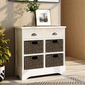 White Rustic Storage Cabinet with Two Drawers and Four Rattan Basket O9847