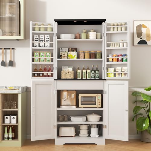 White Freestanding Kitchen Pantry Cabinet with 8 Door Shelves, 2 Cabinets and 1 Drawer Q5154