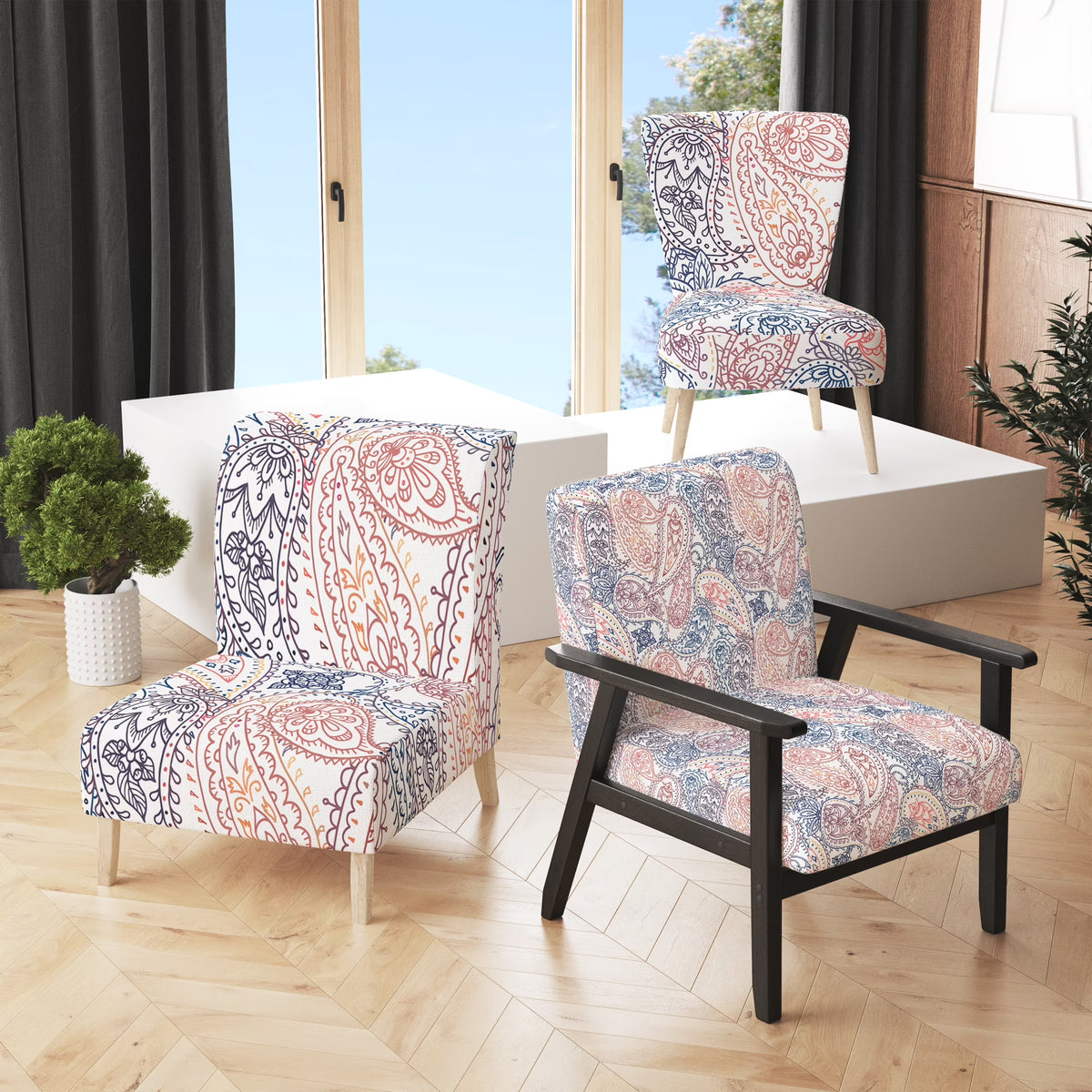 Pink and Blue Floral Paisley Upholstered Accent Chair and Arm Chair P496411