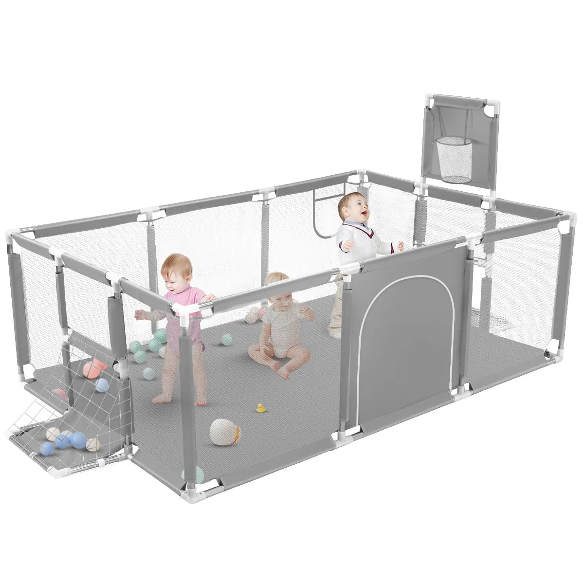 71 Inch Blue Baby Playpen with Basketball Hoop and Mesh R126