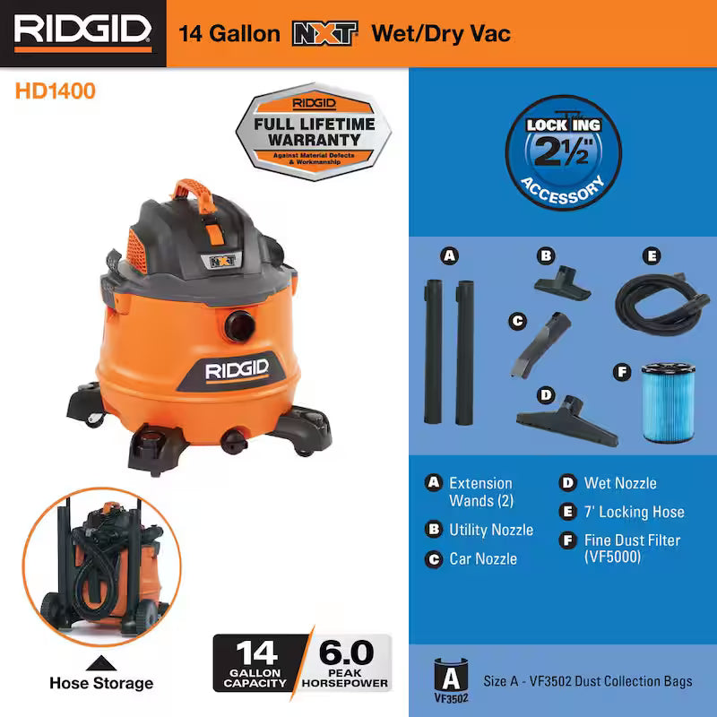 14 Gallon 6.0 Peak HP Wet/Dry Shop Vacuum with Filter and Hose C360607