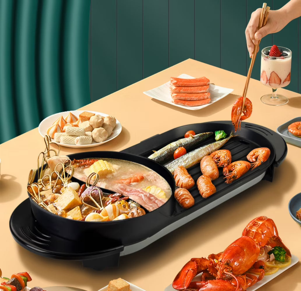 2 in 1 Electric Hot Pot Grill Non-Stick Smokeless Barbecue Pan 1100W P600