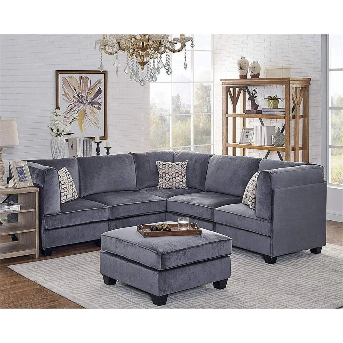 Gray Velvet 6Pc Modular Sectional Sofa with Ottoman and 3 Accent Pillows G4972