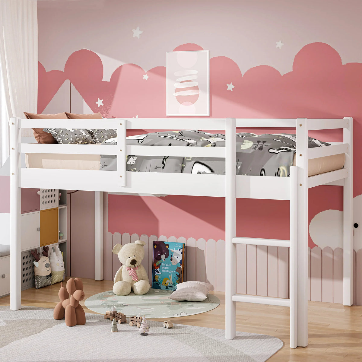 White Twin Size Solid Wood Loft Bed with 14 Wooden Slats S9433