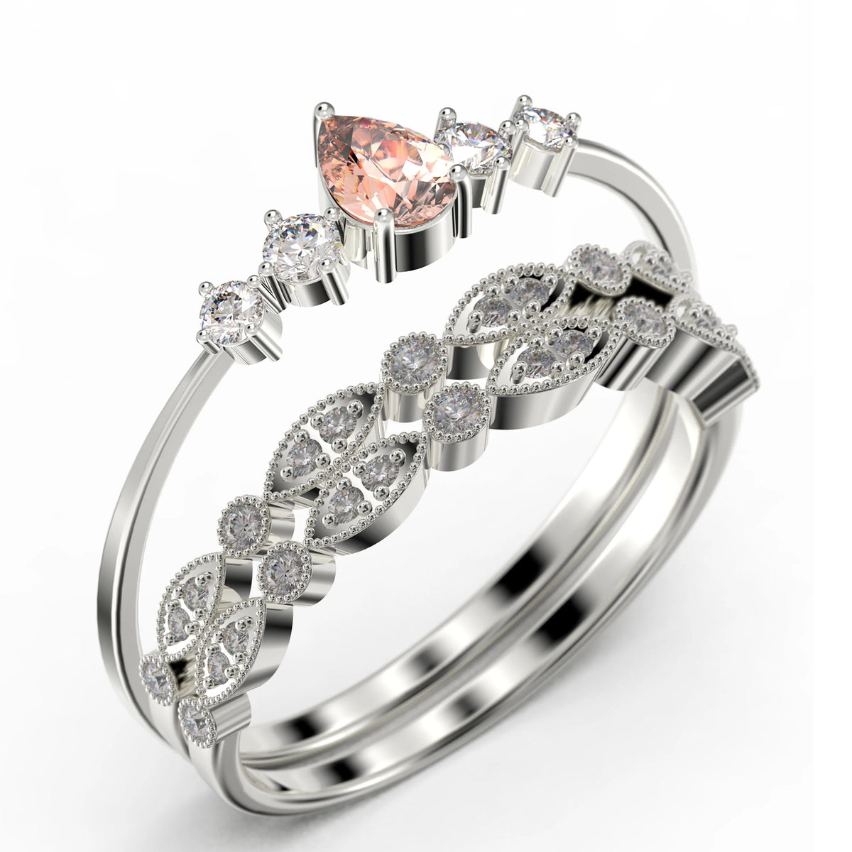 2.05 Carat Pear Cut Morganite And Diamond Moissanite Engagement Ring in 925 Sterling Silver With 18k White Gold Plating A211