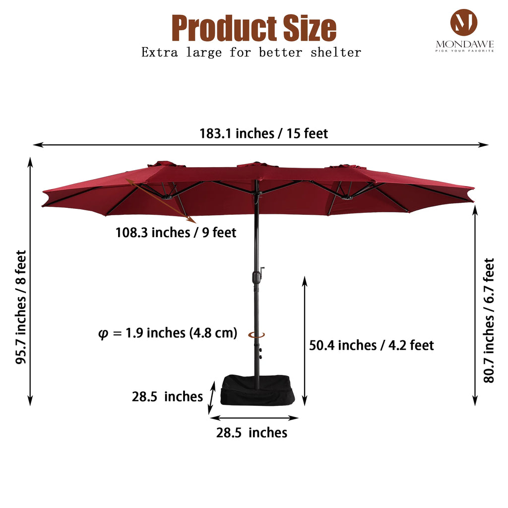 15ft Double-Sided Rectangle Patio Umbrella with Base F683