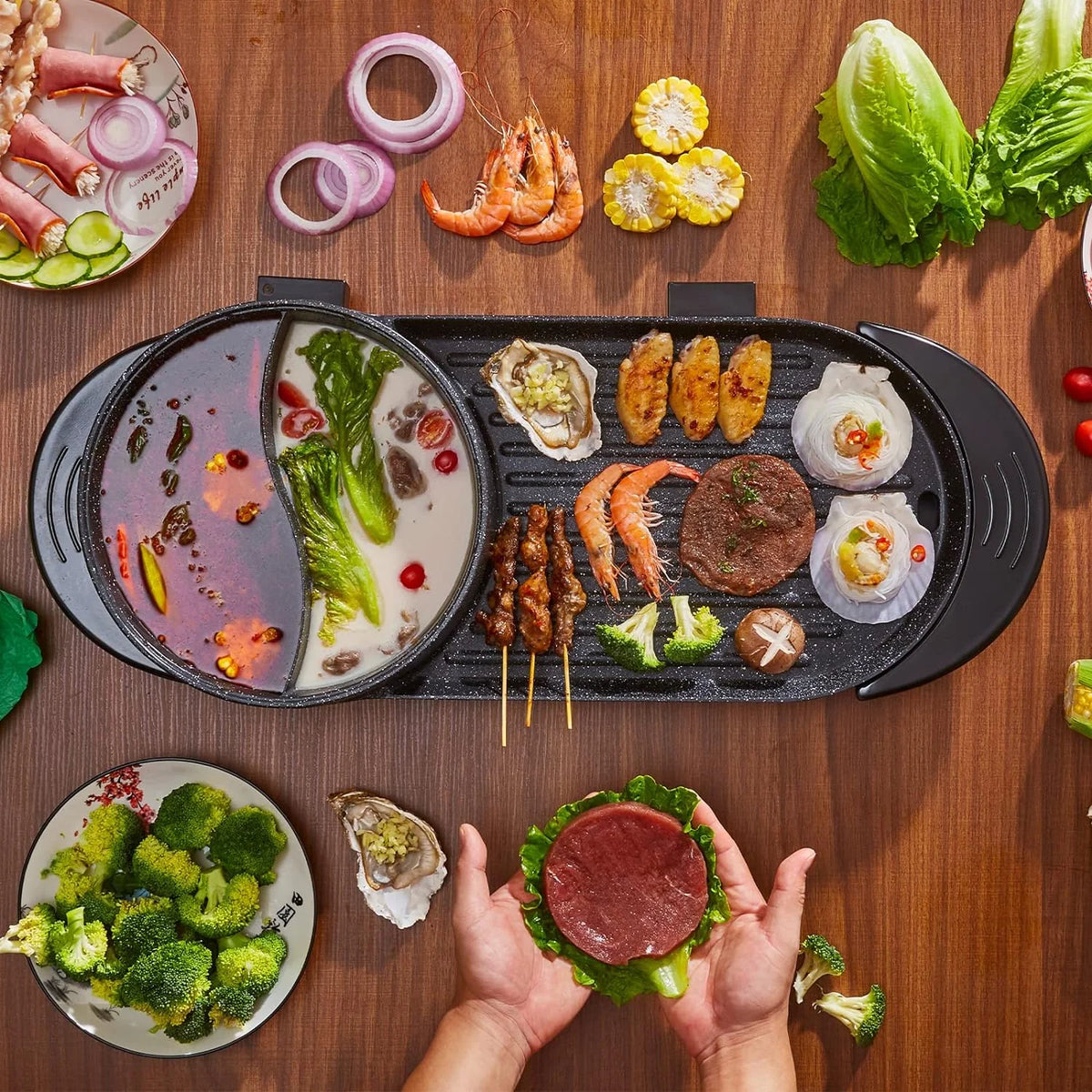 2 in 1 Electric Hot Pot Grill Non-Stick Smokeless Barbecue Pan 1100W P600