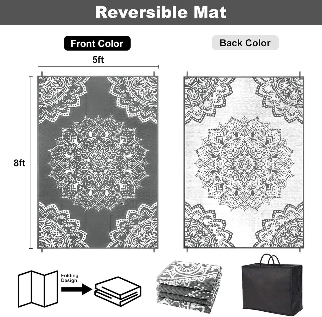 Waterproof Outdoor Rug 5x8 ft, Reversible Plastic Straw Rug (Grey) F39706
