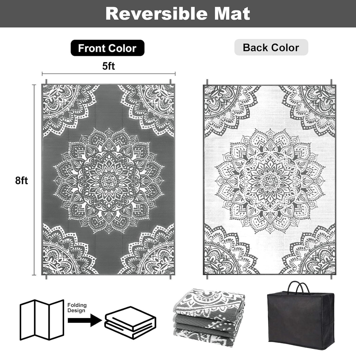 Waterproof Outdoor Rug 5x8 ft, Reversible Plastic Straw Rug (Grey) F39706
