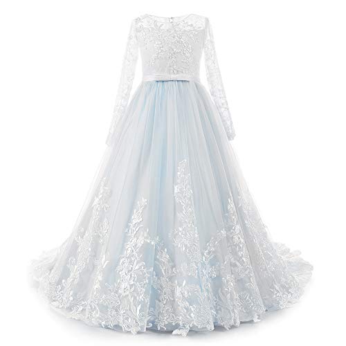 Girls Long Sleeve Lace Flower Wedding Bridesmaid Party Dresses Floor Length Tulle Ball Gown P6930