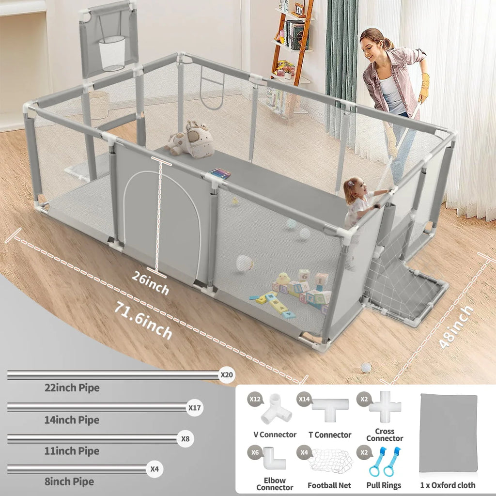 71 Inch Blue Baby Playpen with Basketball Hoop and Mesh R126