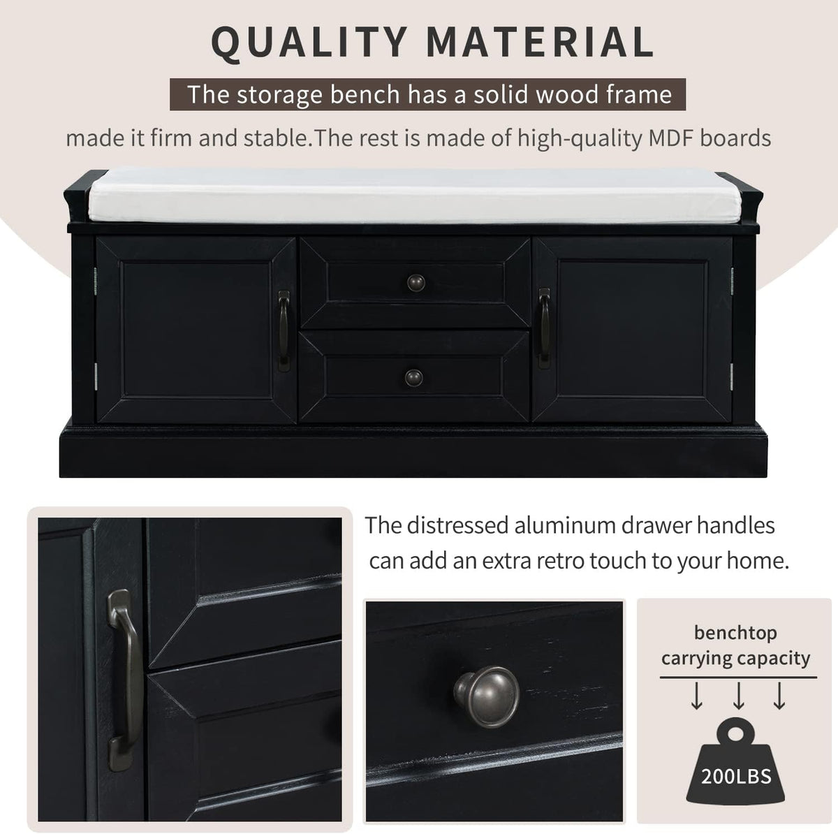 Black Storage Bench with 2 Drawers and 2 Cabinets with Removable Cushion R649295