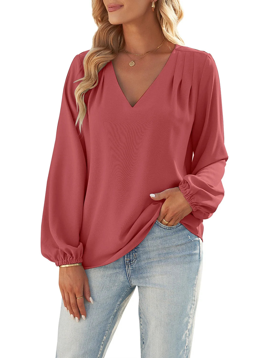 Cranberry Long Balloon Sleeve V Neck Blouses Q97803