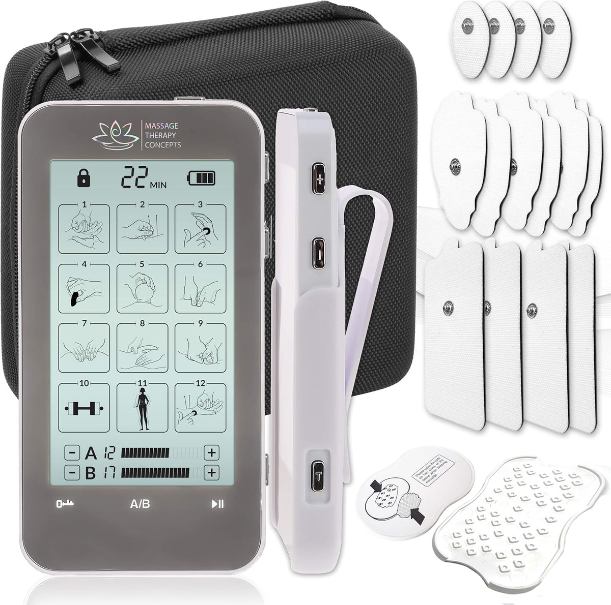 TENS Unit and EMS Combination Muscle Stimulator with 2 Channels, 12 Modes, Belt Clip and Protective Hard Travel Case N4199