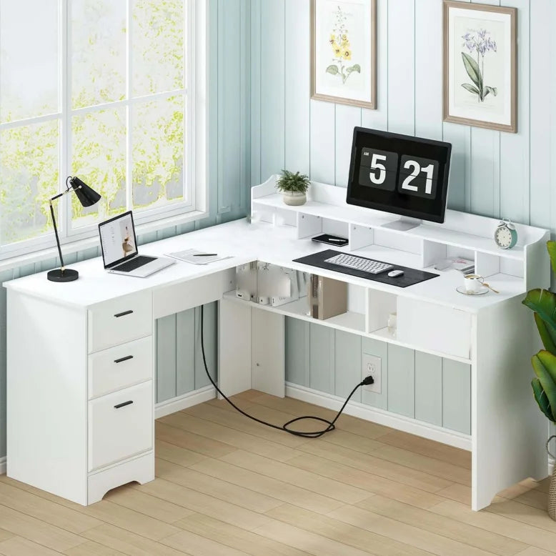 White L-Shaped Desk with File Cabinet G77419