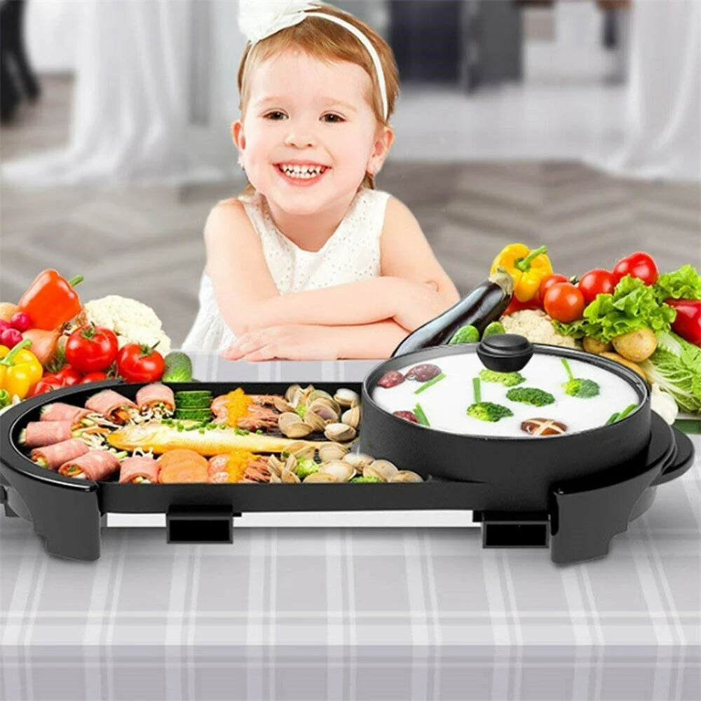 2 in 1 Electric Hot Pot Grill Non-Stick Smokeless Barbecue Pan 1100W P600