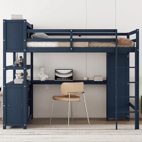Full Size Metal Loft Bed with Wardrobe and L-Shaped Desk I751474