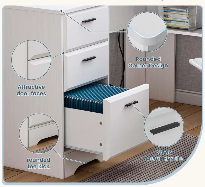 White L-Shaped Desk with File Cabinet G77419