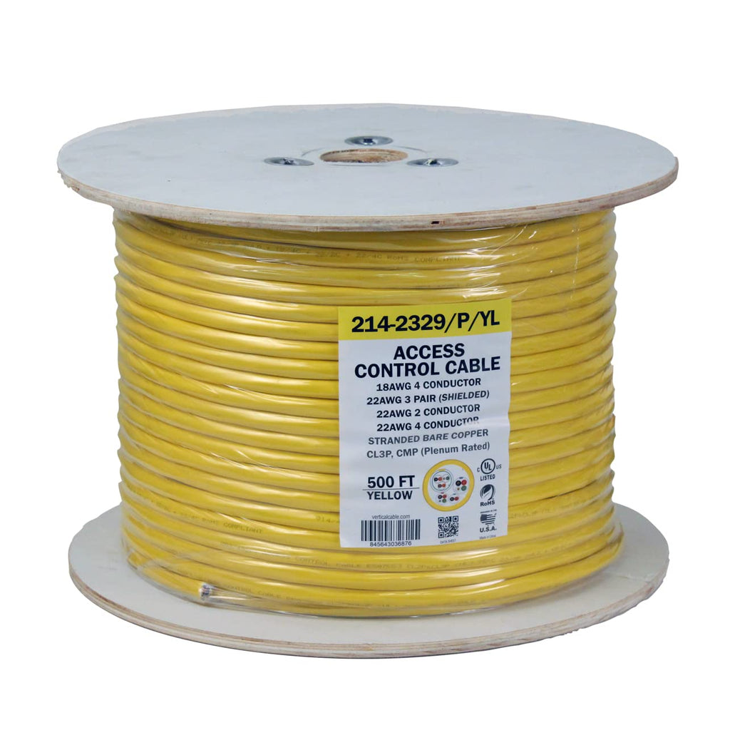 22AWG/3 Pair Shielded + 18AWG/4 Conductor + 22AWG/4 Conductor + 22AWG/2 Conductor Stranded Bare Copper Cable, 500ft Spool, Yellow C57432