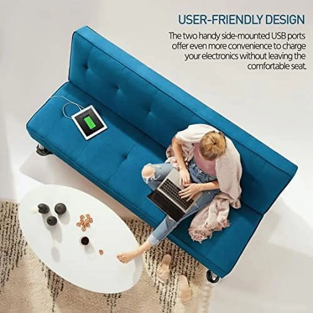 Convertible Futon Sofa Bed with 2 USB Charging Ports Fabric Loveseat Couch Metal Legs Z259