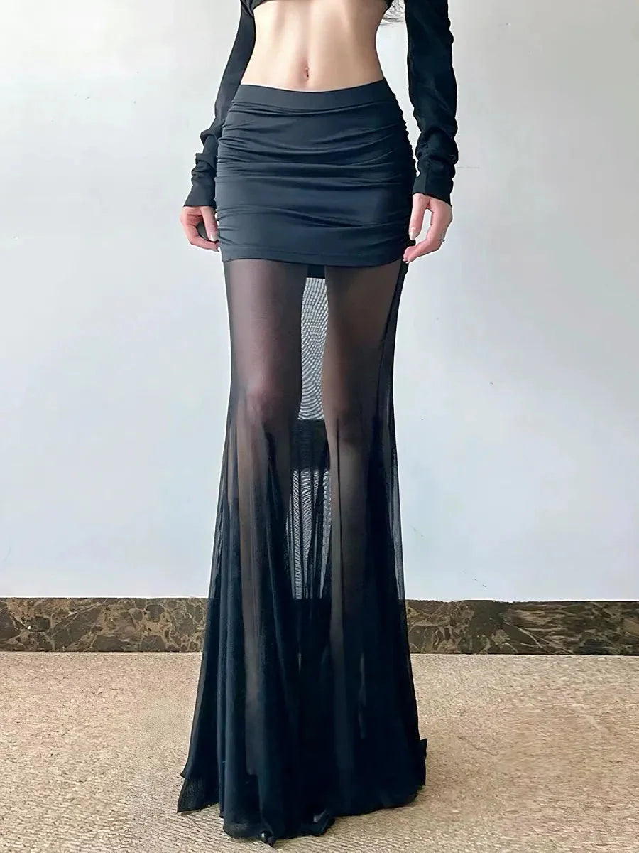 Dark Mesh See through Midi Skirt O911