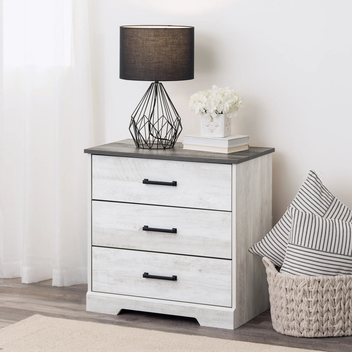 3 Drawer Washed White Wood Nightstand J6401