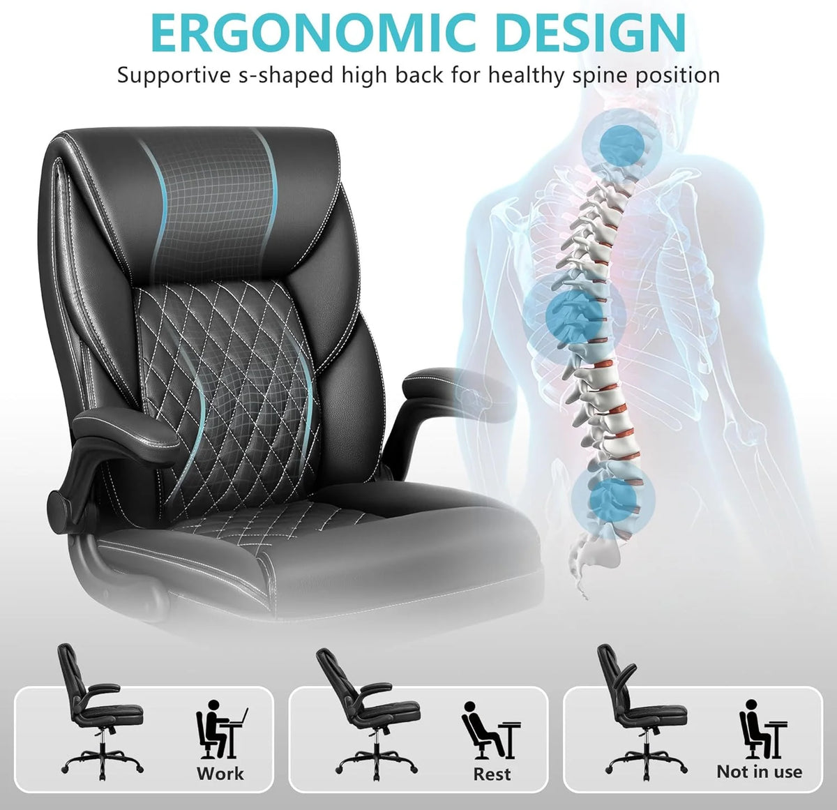 Black Ergonomic Leather Office Chair with Padded Armrests Z58888