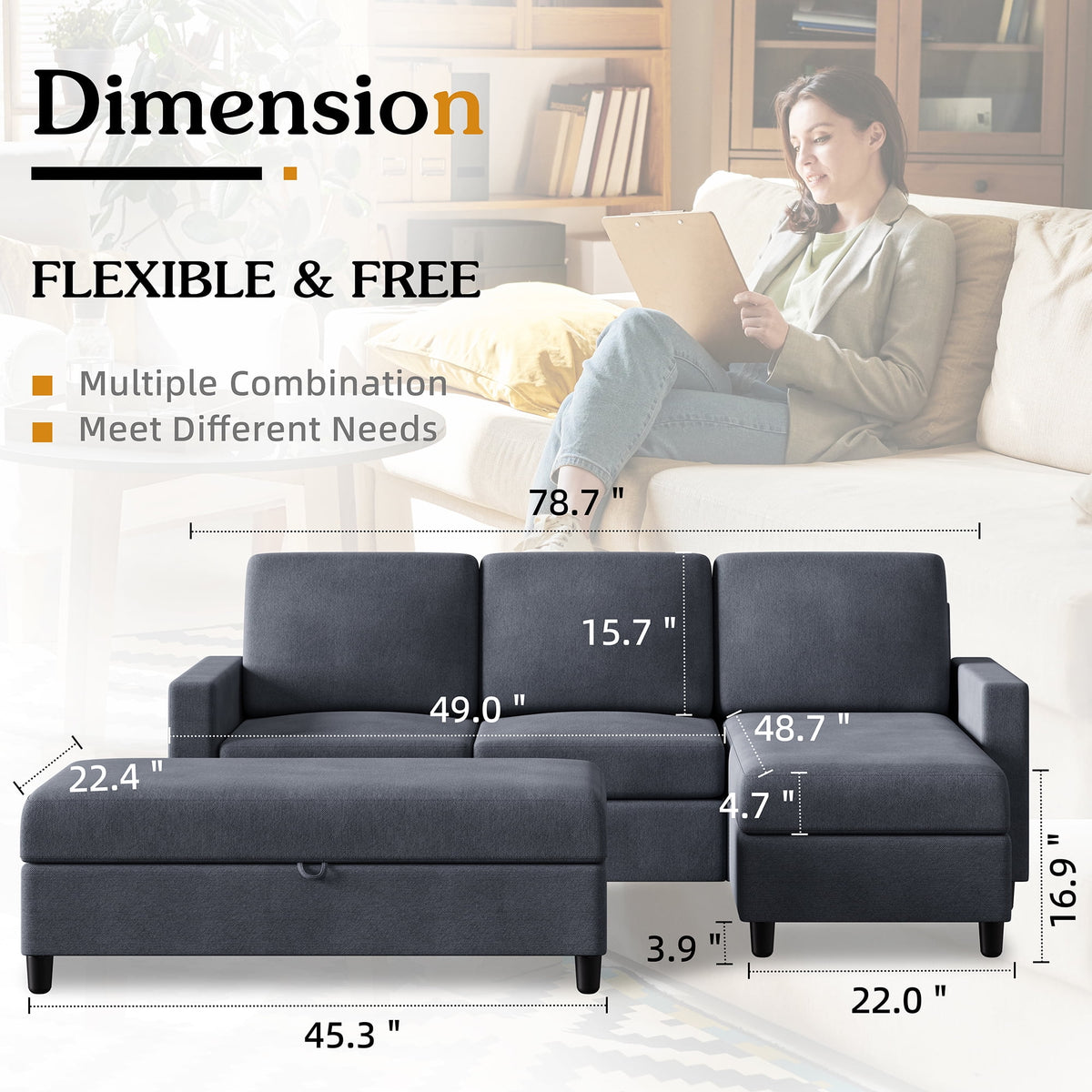 Dark Grey Convertible Sectional Sofa with Storage Ottoman V184