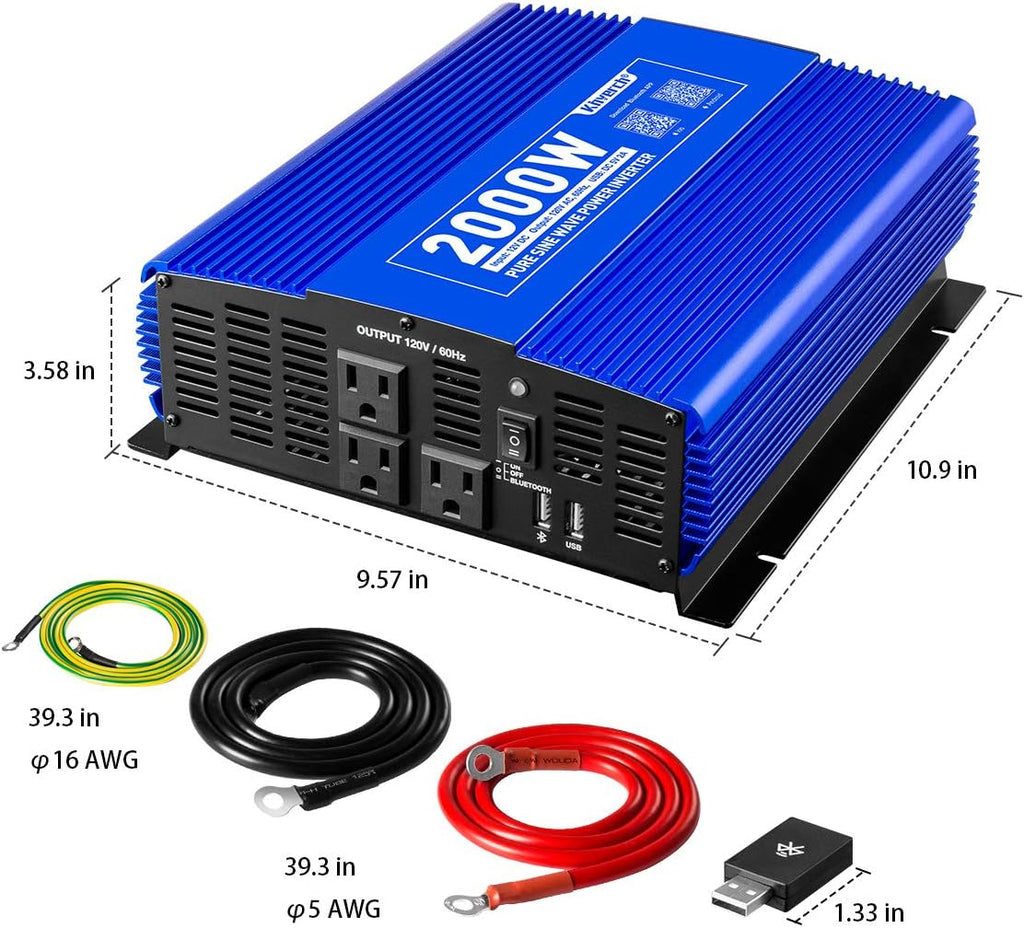 2000W Pure Sine Wave Power Inverter 12V DC to 110V AC with 3 AC Outlets & 1 USB Port X3283