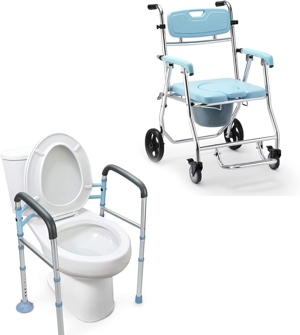 Stand Alone Toilet Safety Rail and Folding Shower Commode Wheelchair Heavy Duty Medical Toilet Safety Frame Adjustable Bathroom Toilet Handrails K92434