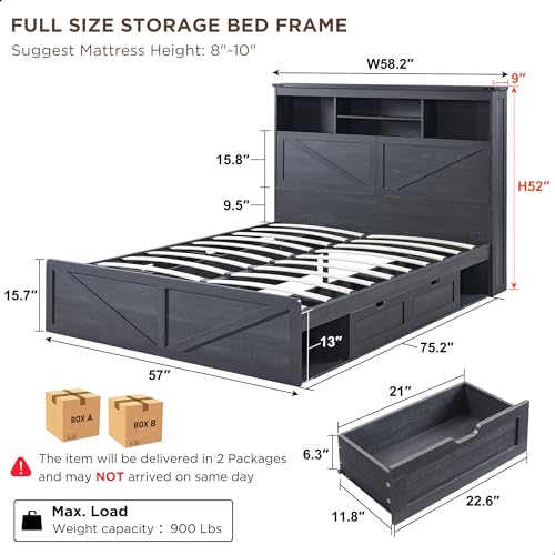 Queen Size Wood Bed Frame with Storage Bookcase Headboard 4 Drawers Z294