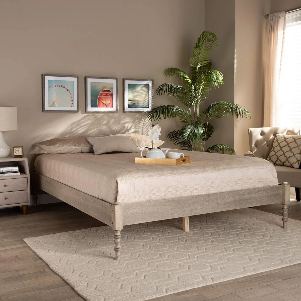 Antique White Oak Wood Queen Size Platform Bed Frame N352845