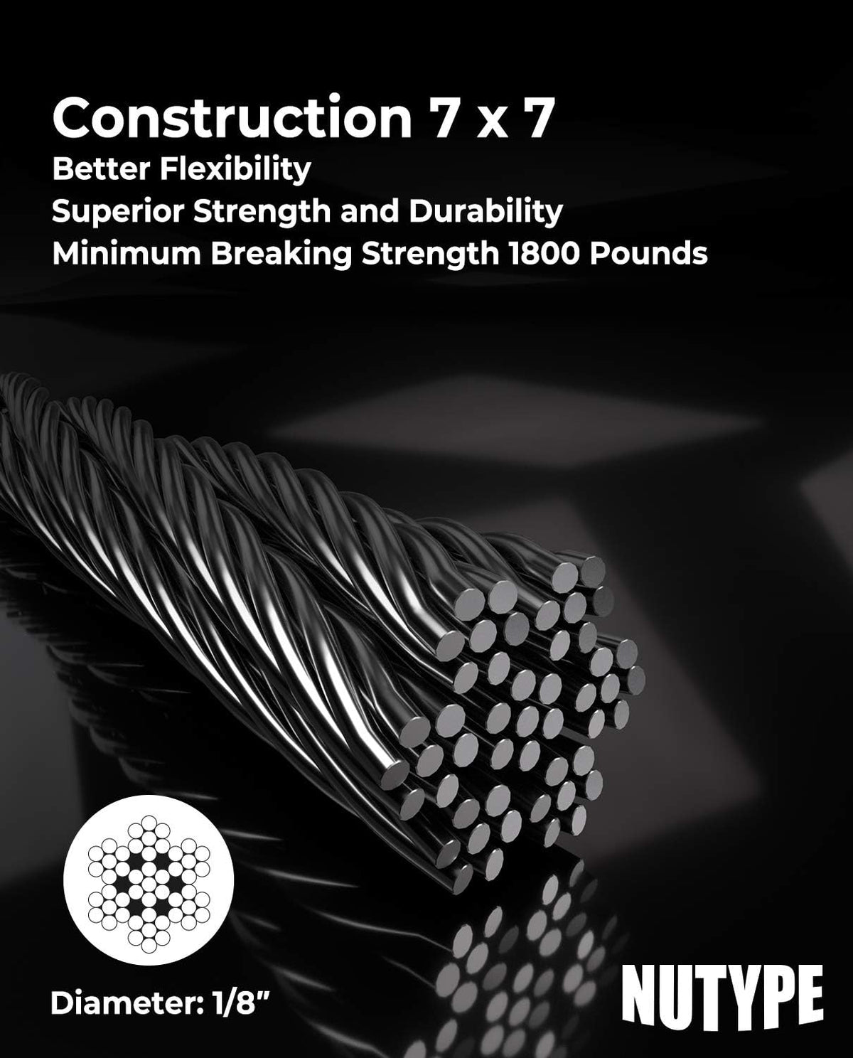 1/8 T316 Stainless Steel Cable, 7x7 Strand Core, 1000FT F48449