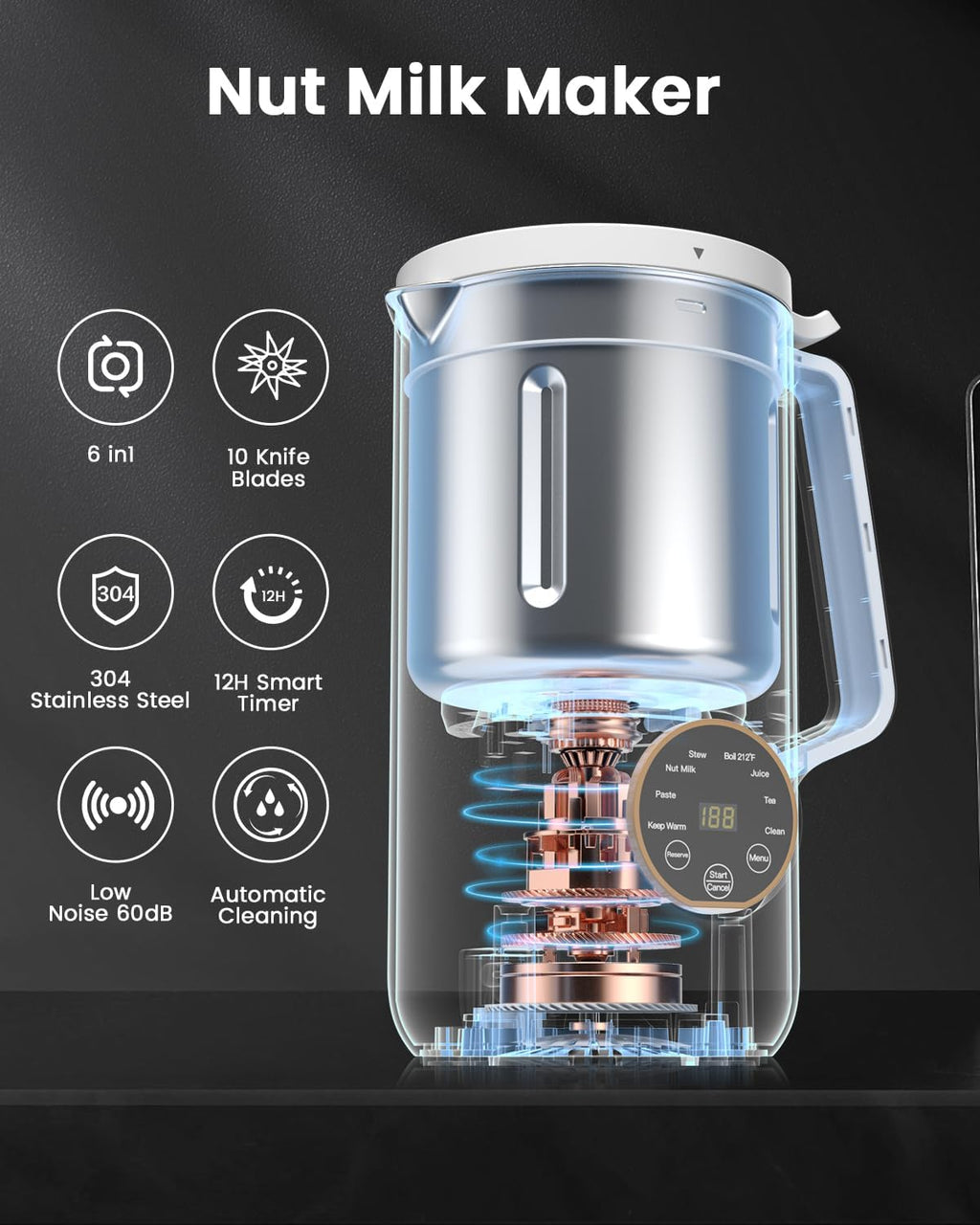 6 IN 1 Nut Milk Maker Machine, 28 oz Soy Milk Maker with 10 Blades 12H Timer Self-Cleaning H711666
