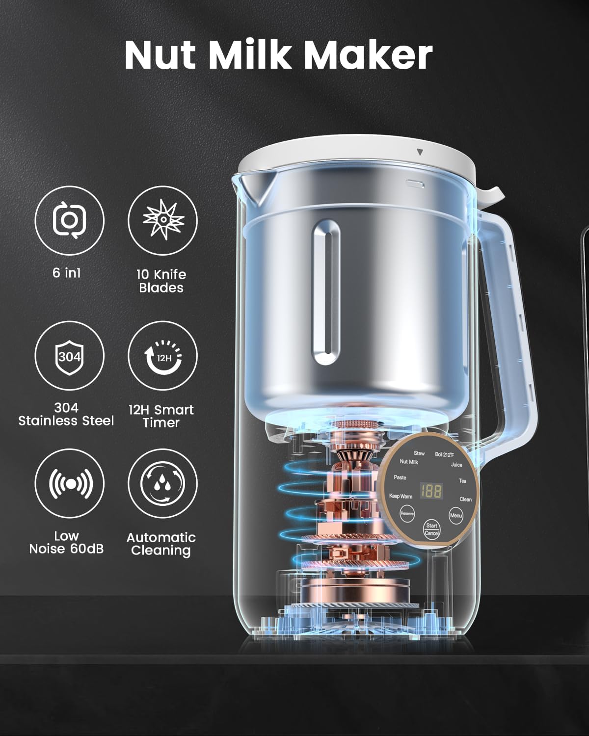 6 IN 1 Nut Milk Maker Machine, 28 oz Soy Milk Maker with 10 Blades 12H Timer Self-Cleaning H711666
