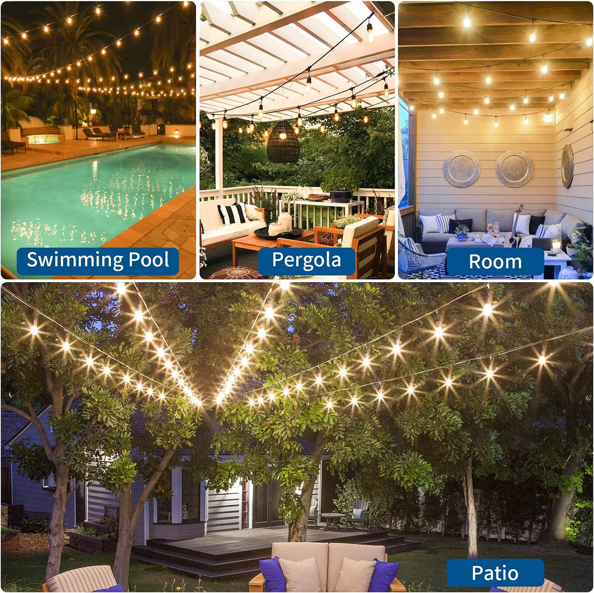 2 Pack 48FT LED Outdoor String Lights with 2W Dimmable Edison Shatterproof Plastic Bulbs Weatherproof Strand J826