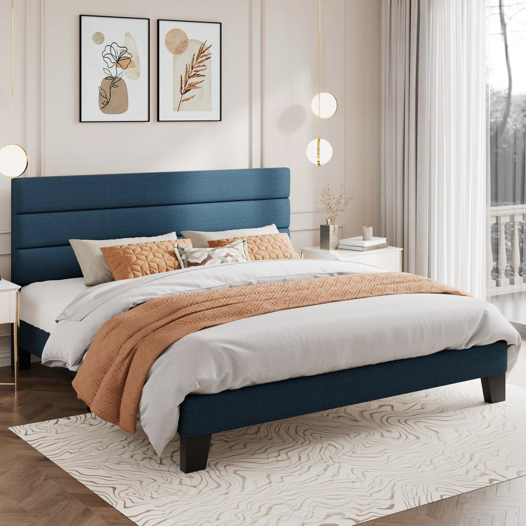 King Size Navy Blue Fabric Upholstered Platform Bed Frame with Headboard N34435