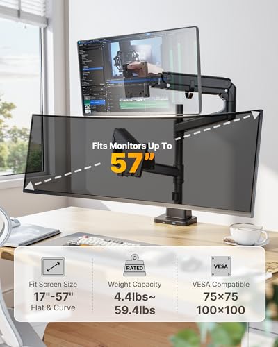 17-57 Inch Dual Ultrawide Aluminum Gas Spring Monitor Arm, Black F901706