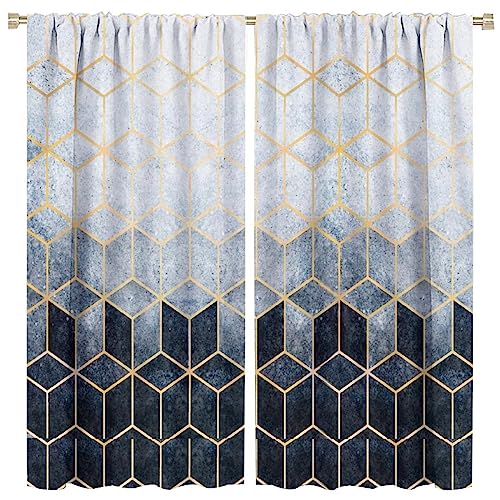 Navy Blue Gold Geometric Marble Curtains 2 Panel Sets, 42x45 Inch E741340