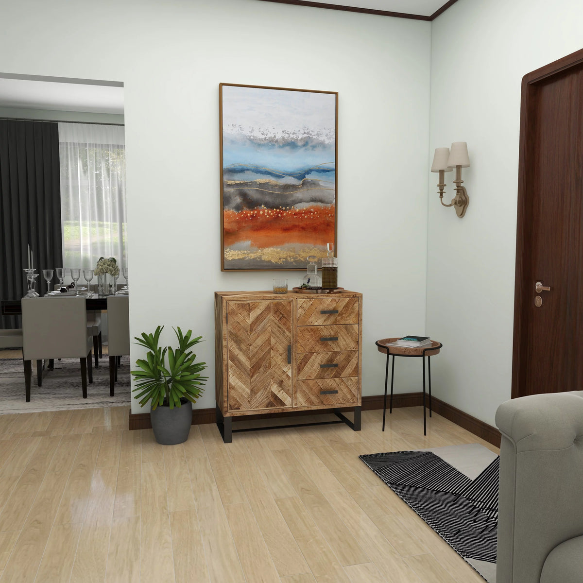 Brown Mango Wood 4 Drawers 1 Shelf 1 Door Geometric Cabinet R9979