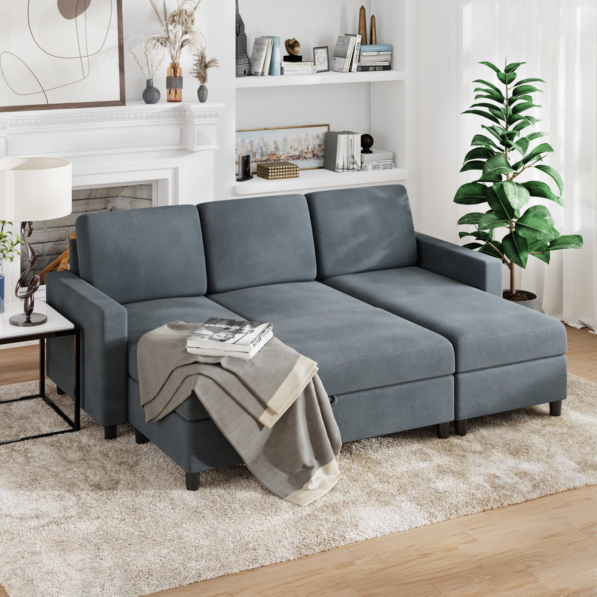 Dark Grey Convertible Sectional Sofa with Storage Ottoman V184