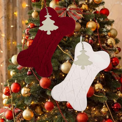 Knitted Dog Christmas Stocking with Name Tag, Large 18 inch Dog Bone Shape Stocking, Dual-Layer Lining, Red Bone W711828