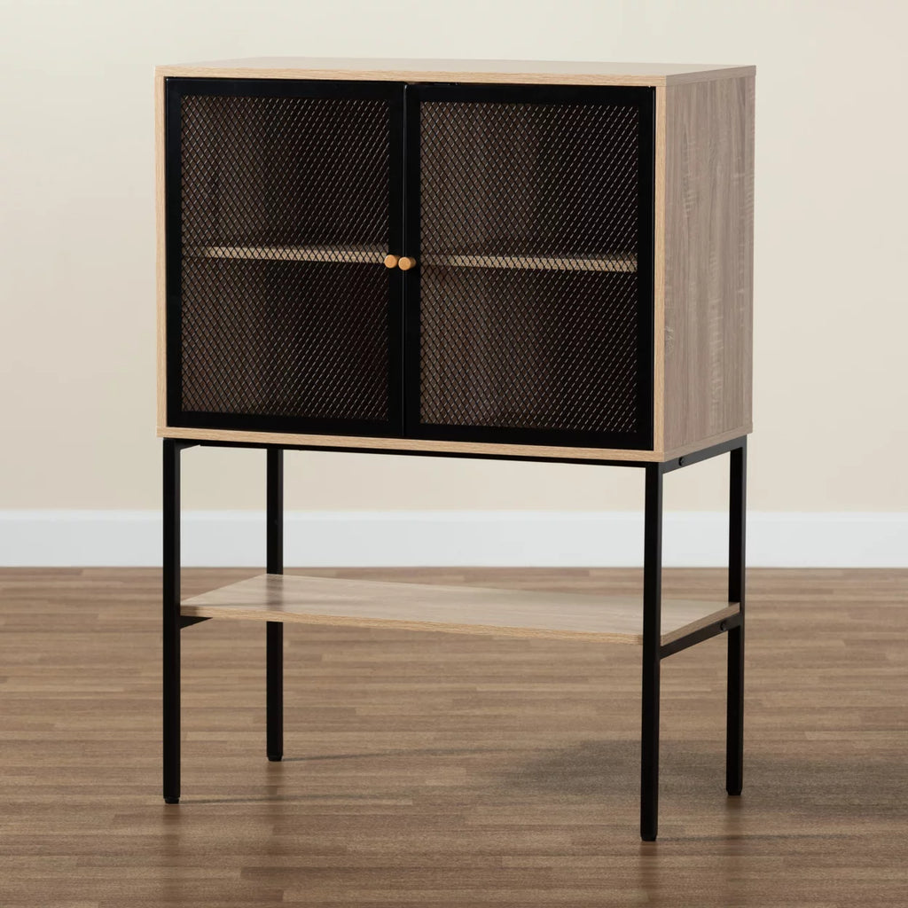 Natural Brown Wood and Black Metal 2-Door Sideboard E4192