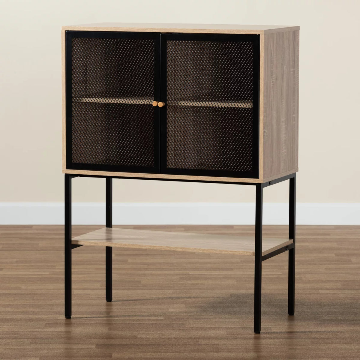Natural Brown Wood and Black Metal 2-Door Sideboard E4192