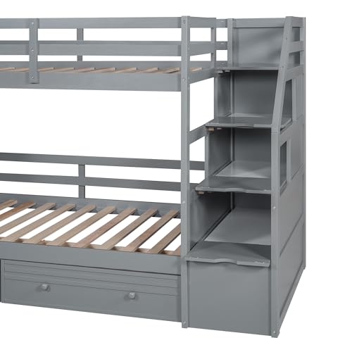White Twin Over Full Solid Wood Bunk Bed with Stairs and Slide K84352