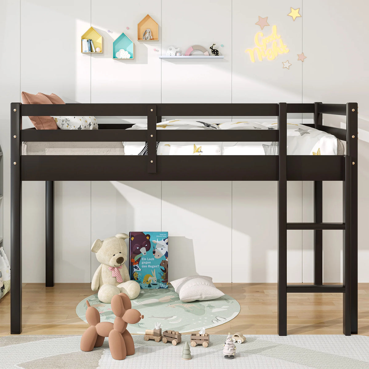White Twin Size Solid Wood Loft Bed with 14 Wooden Slats S9433
