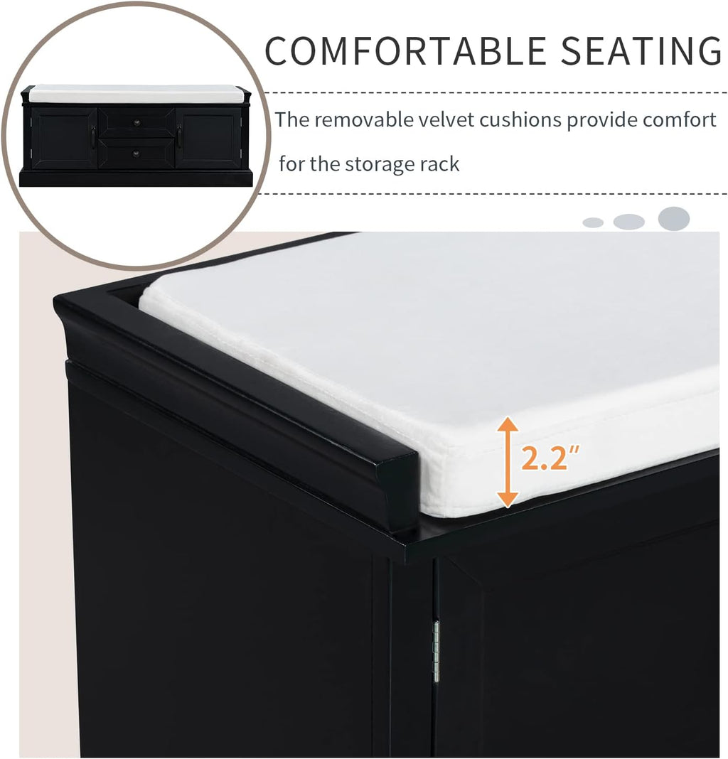 Black Storage Bench with 2 Drawers and 2 Cabinets with Removable Cushion R649295