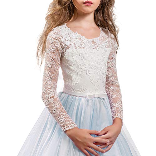 Girls Long Sleeve Lace Flower Wedding Bridesmaid Party Dresses Floor Length Tulle Ball Gown P6930