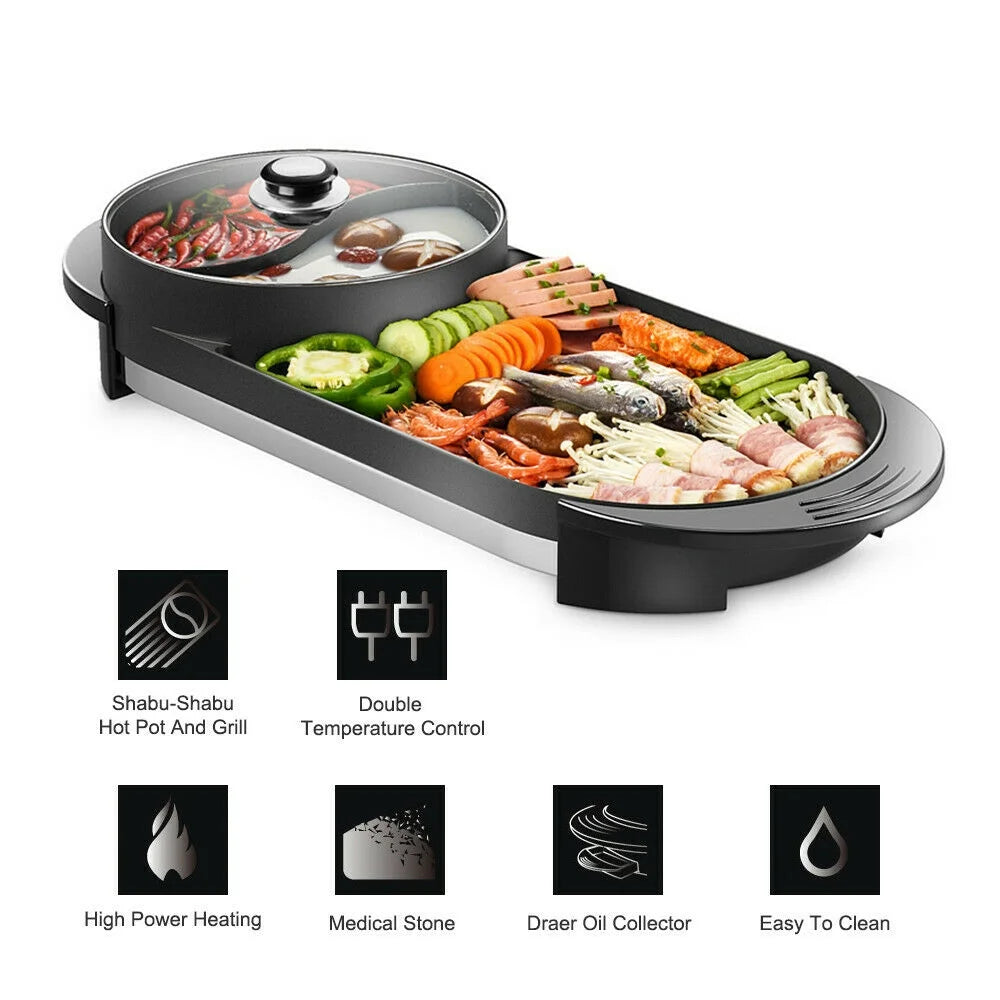 2 in 1 Electric Hot Pot Grill Non-Stick Smokeless Barbecue Pan 1100W P600